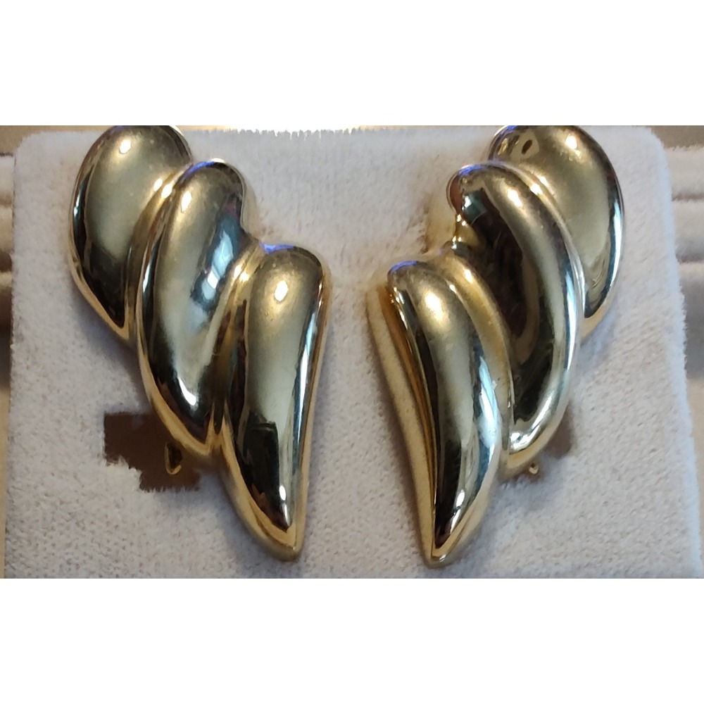 Vintage 80s Alexis Kirk Gold Tone Statement Earrings Clip On Huggie Modern - Picture 4 of 8